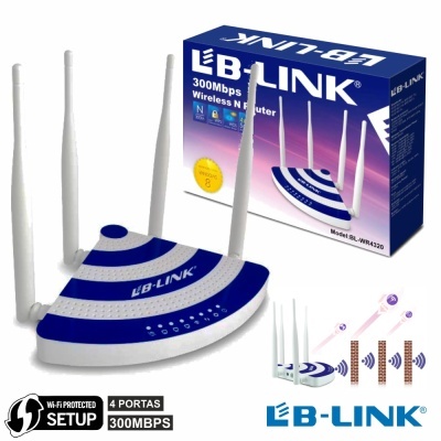 Roteador wireless LB-LINK branco e azul com três antenas, ao lado da caixa do produto azul e branca.