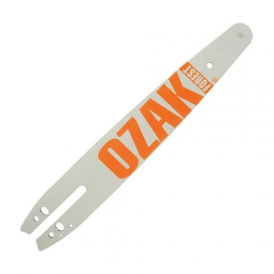 Barra de motosserra cinza com texto laranja OZAKI FOREST