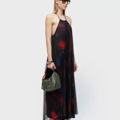 Vestido Longo Tule Plissado Rose Blur Osklen