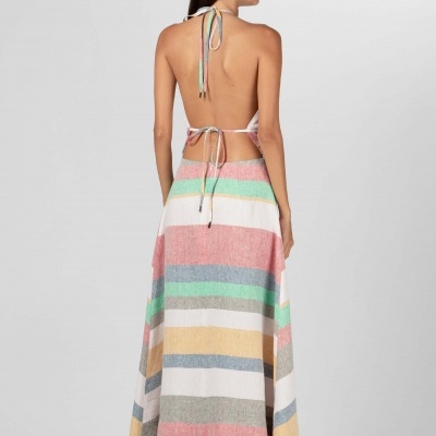 Vestido maxi comprido com riscas coloridas, costas nuas e amarração