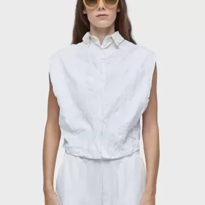 Camisa sleeveless wrinkledd satin + trico