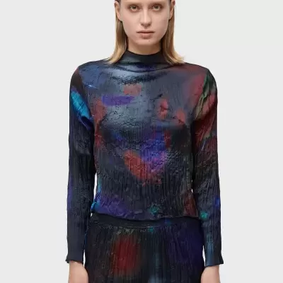 Camisola feminina manga comprida textura franzida padrão abstrato tons escuros