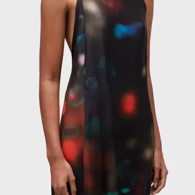Vestido comprido de alças finas com padrão abstrato em tons escuros