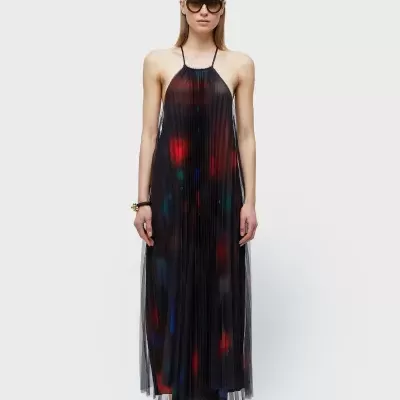 Vestido Longo Tule Plissado Rose Blur Osklen