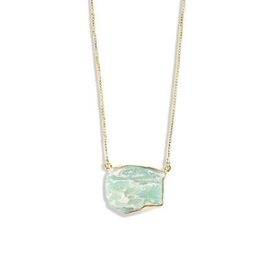 COLAR DOURADO CURTO PEDRA BRUTA AGUA MARINHA