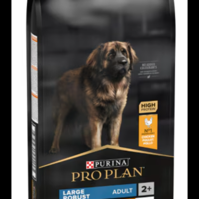 Pacote preto de ração para cães Purina Pro Plan com imagem de cão grande e texto informativo