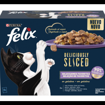 Embalagem de comida húmida para gatos Purina Felix com imagem de gato e texto em espanhol e português.