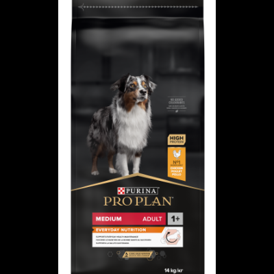 Saco preto de ração para cães PURINA PRO PLAN medium adult 14 kg com imagem de cão e textos informativos.