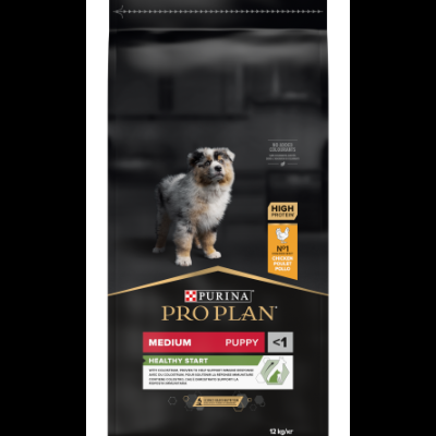 Saco preto de ração para cachorro Medium Puppy Purina Pro Plan 12 kg com imagem de cachorrinho