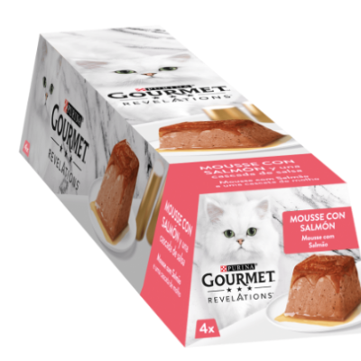Caixa de mousse para gatos sabor salmão Purina Gourmet Revelations com imagem de gato branco