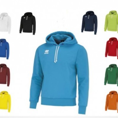 Sweatshirts coloridas com capuz em várias cores, destaque para azul claro com cordões brancos e logo.