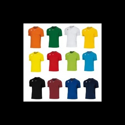 Doze t-shirts desportivas coloridas organizadas em quatro linhas sobre fundo branco.