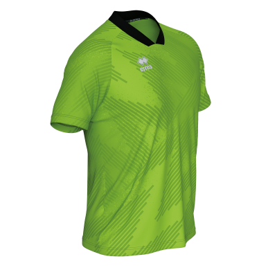 Camisola desportiva verde com padrão geométrico e colarinho preto.