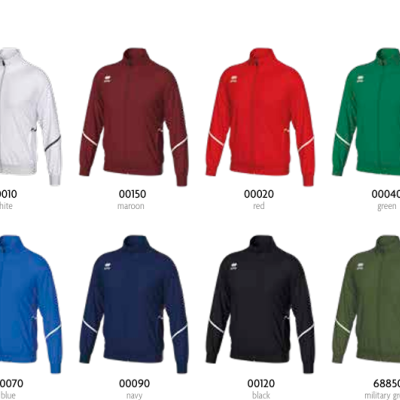 Oito blusões esportivos de zíper em várias cores, com logotipo branco e faixas nas mangas.