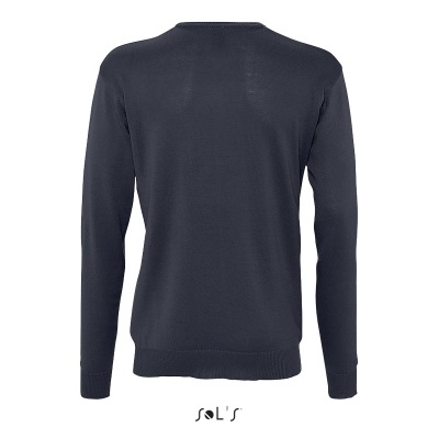 Camisola de malha azul escura vista de costas com decote redondo e mangas compridas