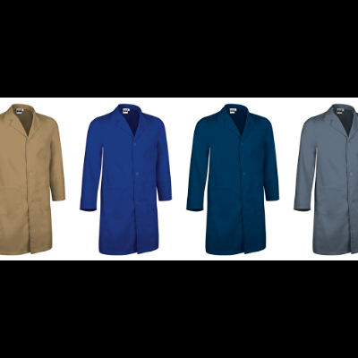 Seis batas de trabalho coloridas em linha sobre fundo branco