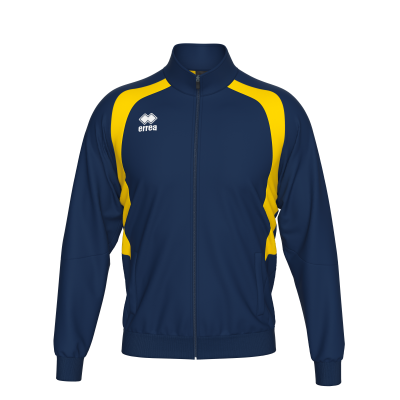 Casaco desportivo azul escuro com faixas amarelas e logo errea