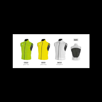 Colete desportivo em verde fluorescente, amarelo fluorescente, transparente e vista traseira com painel preto acolchoado