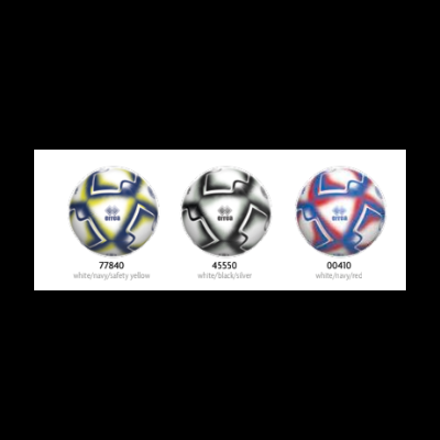 Três bolas de futebol ERREA com padrões de cores azul, amarelo, preto, vermelho e branco