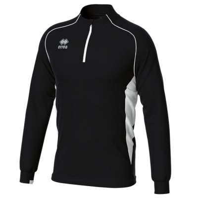 Sweatshirt desportiva preta com detalhes brancos e fecho curto no peito