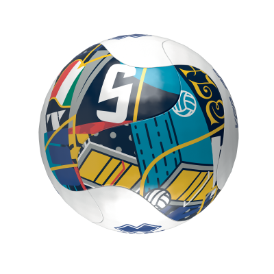 Bola de futebol colorida com padrão geométrico e símbolos variados