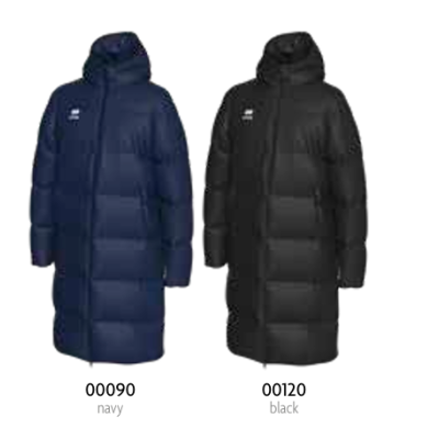 Casacas compridas acolchoadas azul-marinho e preta com capuz em fundo branco