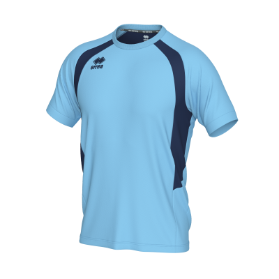 T-shirt desportiva azul clara com detalhes azul escuro e logotipo errea