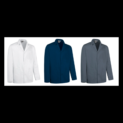 Três blusões de trabalho em branco, azul escuro e cinza escuro com bolsos e botões