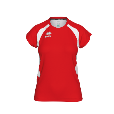 T-shirt desportiva vermelha com detalhes brancos e logótipo errea.