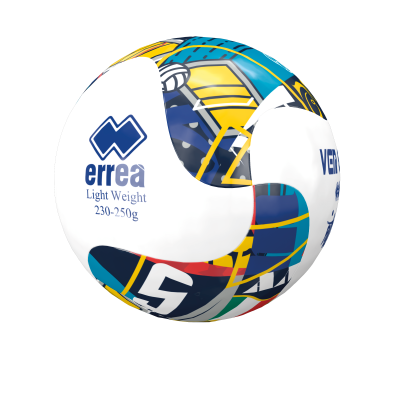 Bola desportiva branca e colorida com logótipo Errea e texto Light Weight 230-250g