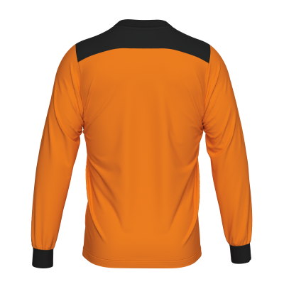 T-shirt desportiva laranja com ganga preta nos ombros vista de trás