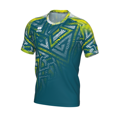 T-shirt desportiva azul com padrão geométrico verde e amarelo e gola branca