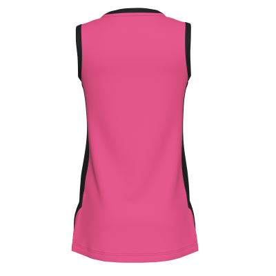 Top desportivo feminino rosa e preto visto de costas