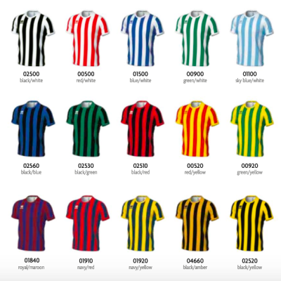 Camisolas desportivas com riscas verticais em várias cores e códigos numéricos correspondentes