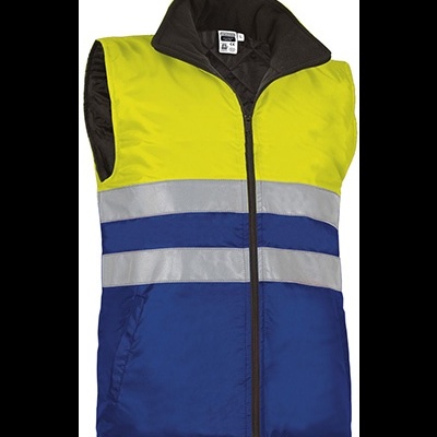 Colete de segurança amarelo e azul com faixas refletoras e fecho de correr