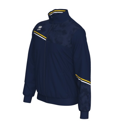Casaco desportivo azul escuro com riscas amarelas e brancas e fecho frontal