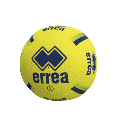 Bola desportiva amarela com logotipos azuis da marca Errea
