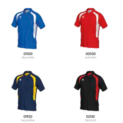 Pólos desportivos em várias combinações de cores com códigos de produto