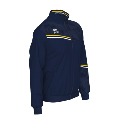 Casaco desportivo azul escuro com detalhes amarelos e brancos