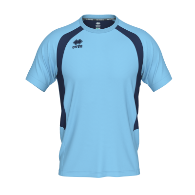 T-shirt desportiva azul claro com detalhes azul escuro e logótipo errea