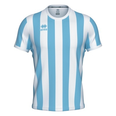 Camiseta desportiva azul claro e branca às riscas