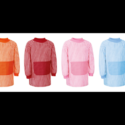 Aventais infantis xadrez com manga comprida e bolso grande em quatro cores diferentes