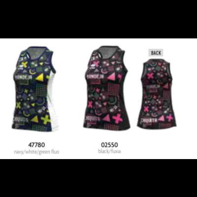 Três tops esportivos coloridos com padrões gráficos e textos BONDER SPORT.