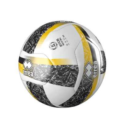 Bola de futebol branca com padrões em preto e amarelo