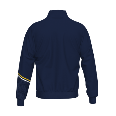Casaco desportivo azul escuro com faixa amarela e branca na manga direita