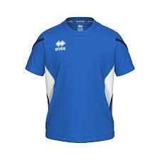 Camisola desportiva azul com detalhes brancos e logotipos ERREA