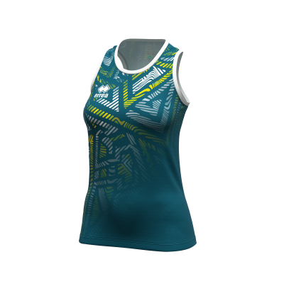 Camisola desportiva azul com padrões geométricos coloridos e logo 'errea'