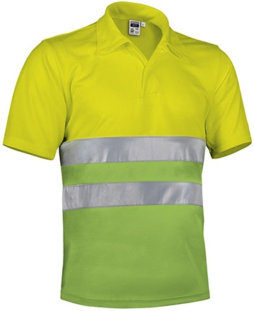 Polo de manga curta bicolor verde lima e amarelo fluorescente com faixas refletoras prateadas