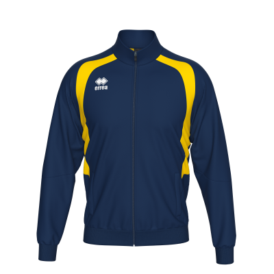 Casaco desportivo azul escuro com faixas amarelas e logo errea