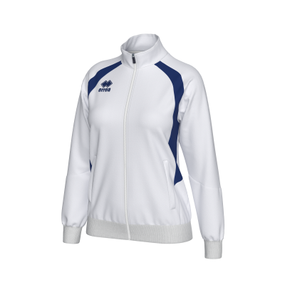 Casaco desportivo branco com detalhes azuis e logótipo errea no peito